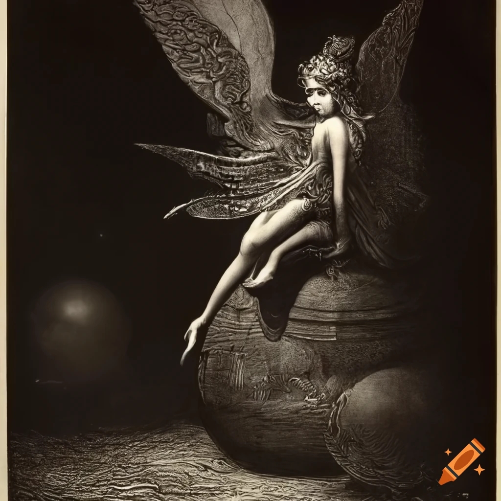 Surreal mezzotint artwork of a fairy in front of a futuristic spaceship