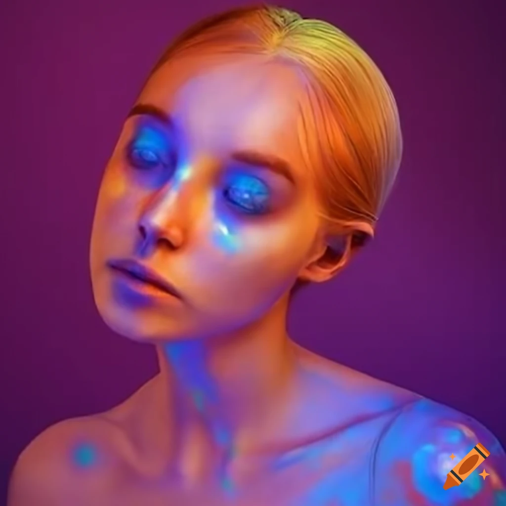 Person undergoing fantastical transformation with shimmering iridescent skin