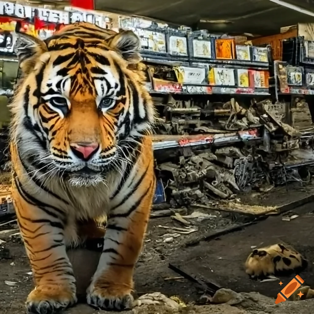 Tiger in a post-apocalyptic Walmart setting on Craiyon
