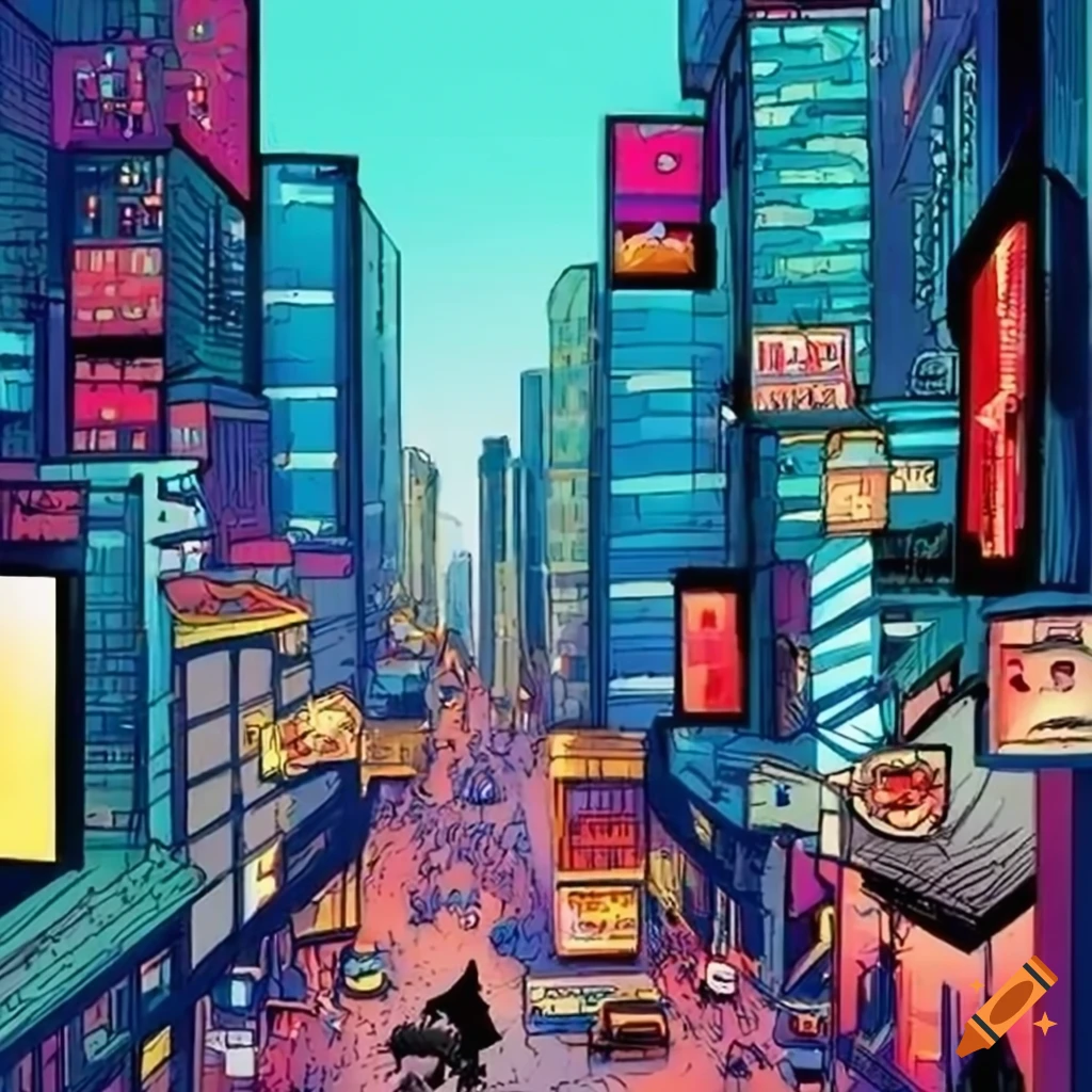 Comic strip of a bustling cityscape