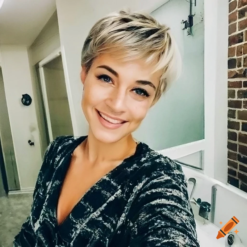 Blonde woman with pixie haircut taking a selfie in the bathroom