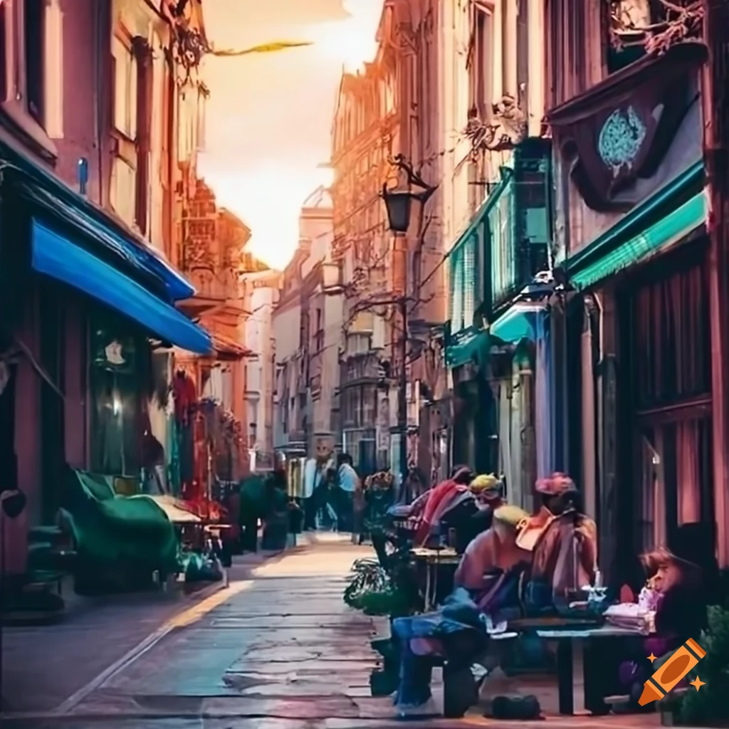 Bustling city street with trendy shops and cafes