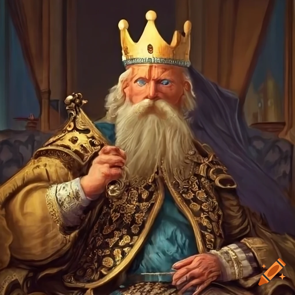 Middle-aged Nordic king sitting on his throne in a grand hall