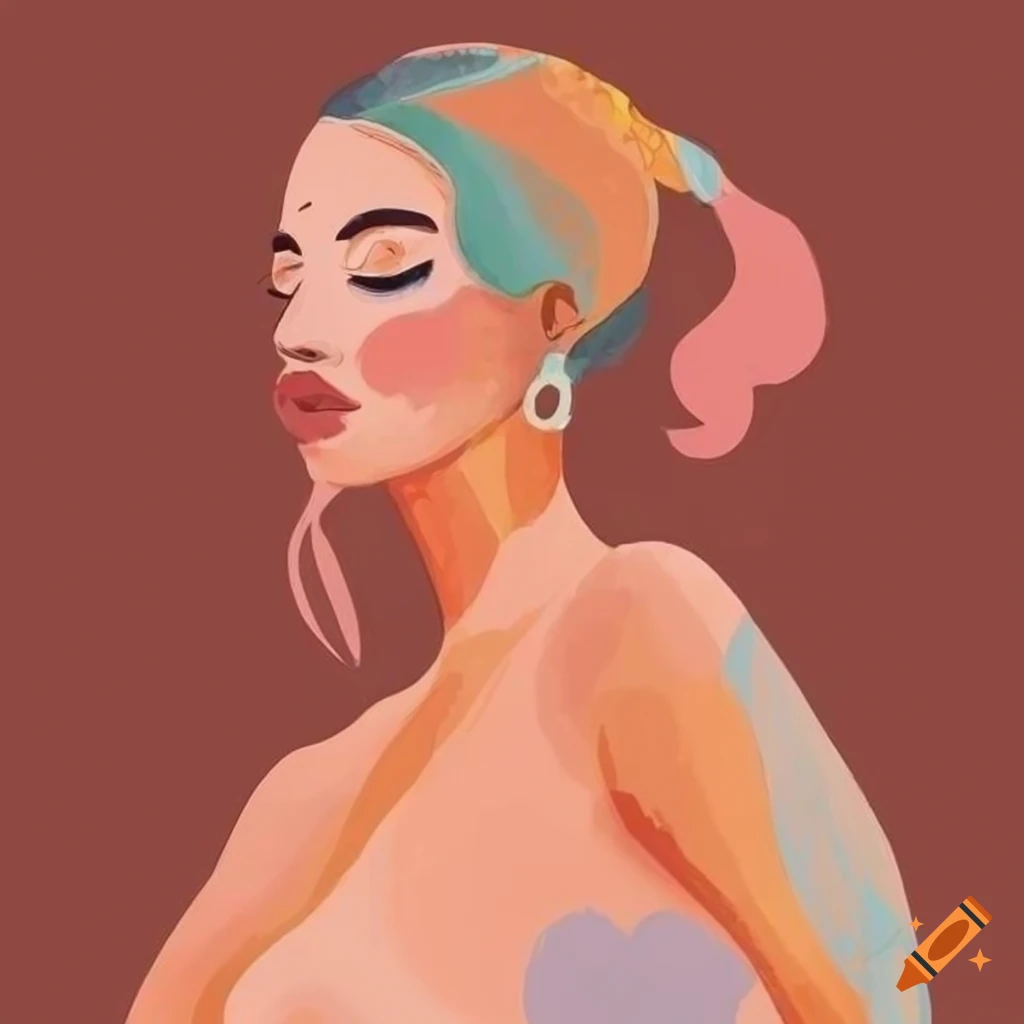 Boho style image in pastel tones depicting an abstract female figure with thin lines