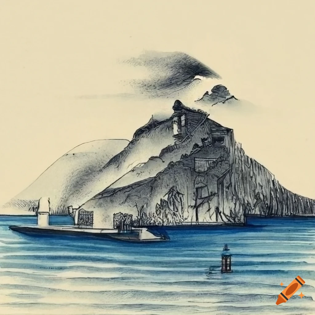 Ukiyo-e inspired mysterious island with village, ancient tower, and agitated sea