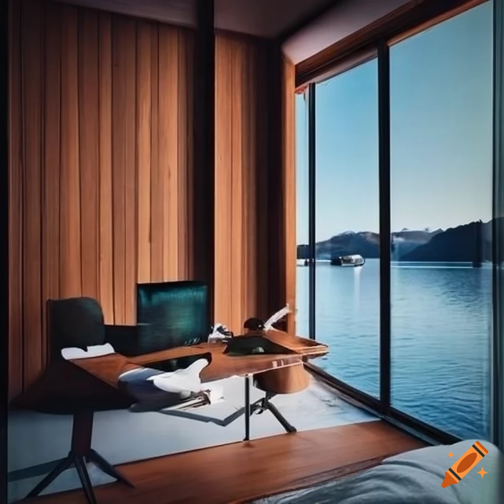 Modern home office with lake view in winter