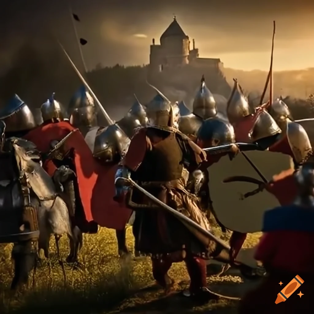 Epic medieval battle scene with castle under attack by soldiers