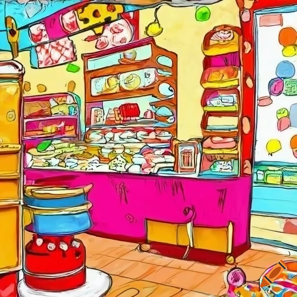 Interior of a candy shop in a detailed comic book style
