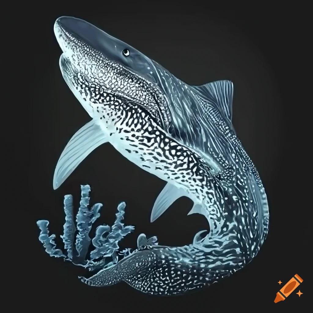Whale shark swimming among corals and marine creatures in a black and white sketch