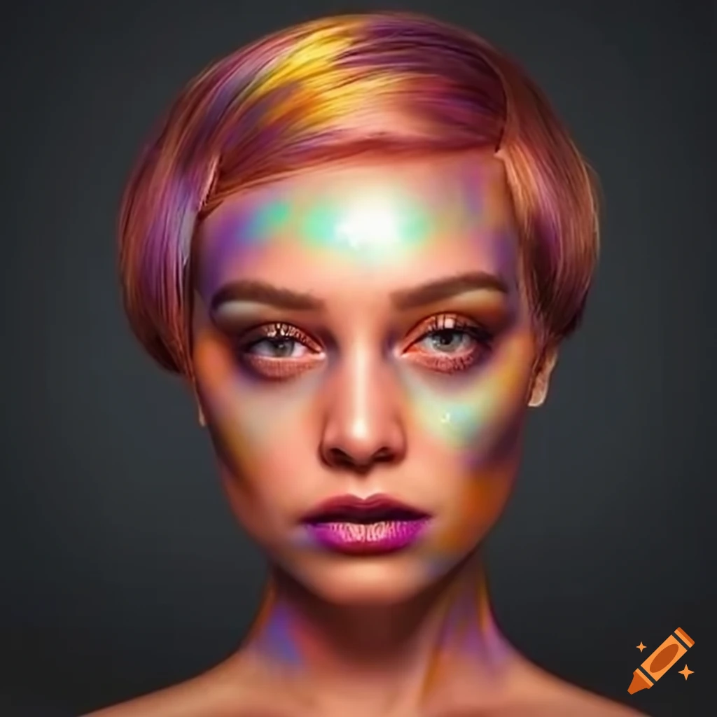 Person undergoing fantastical transformation with shimmering iridescent skin