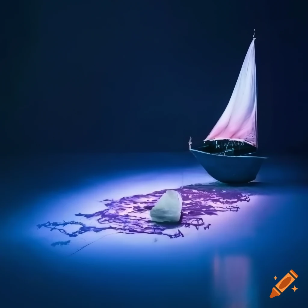 Ethereal art installation with a foam sailboat and pastel lighting