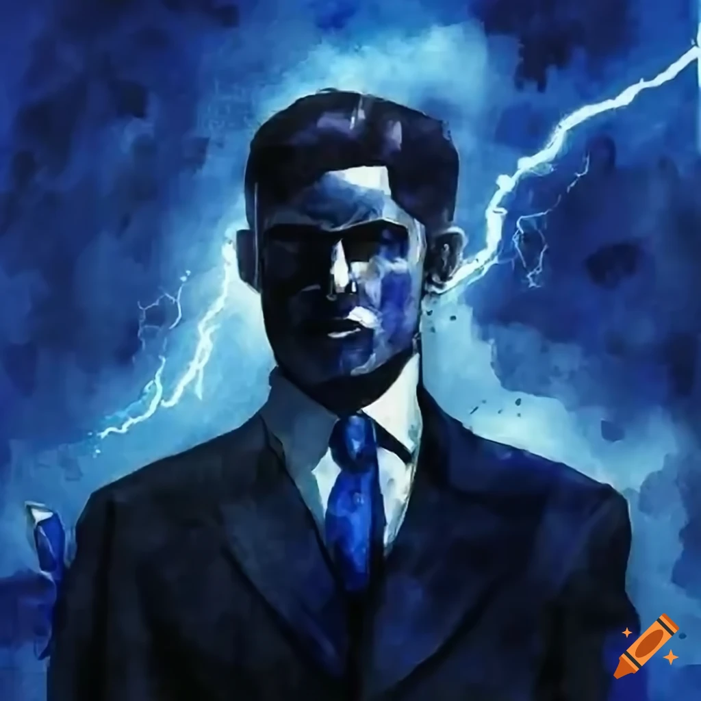 Man in dark blue suit with a lighter blue tie surrounded by lightning
