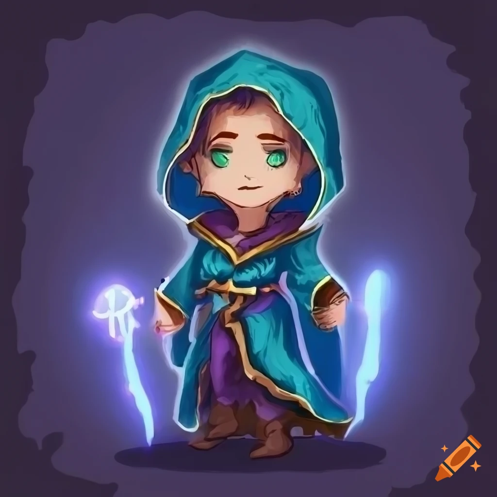 Young mage with glowing runes in a magical forest