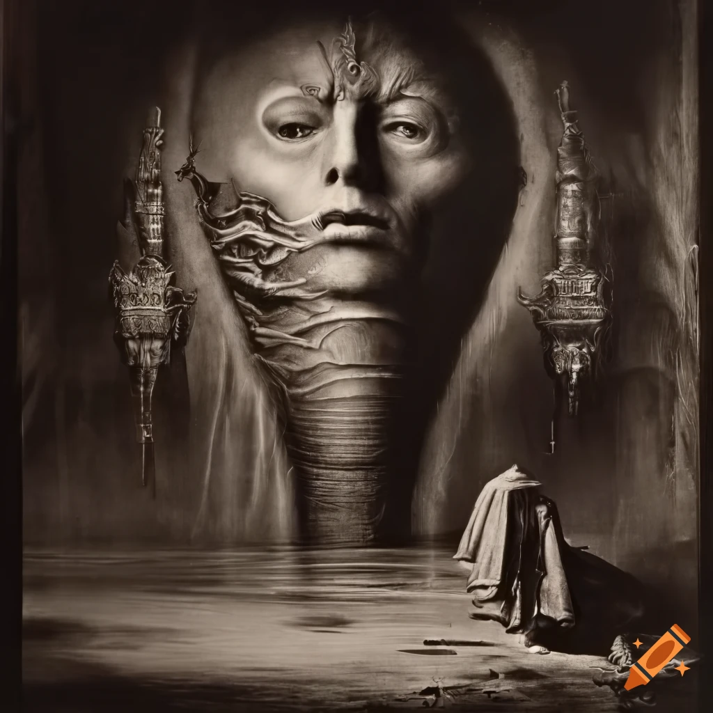 Surreal mezzotint with renaissance vibe in high resolution black and white