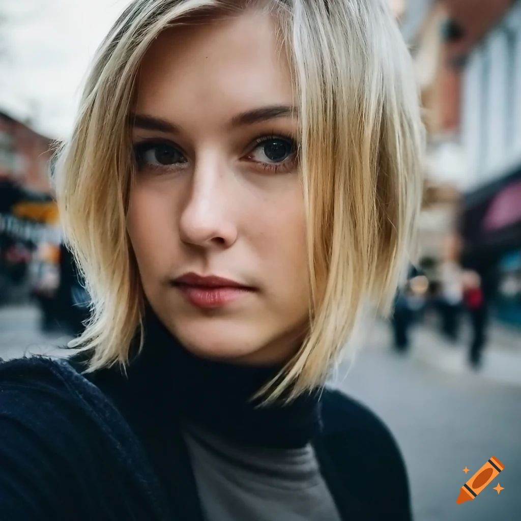 Blonde woman with a pixie haircut taking a selfie on the street
