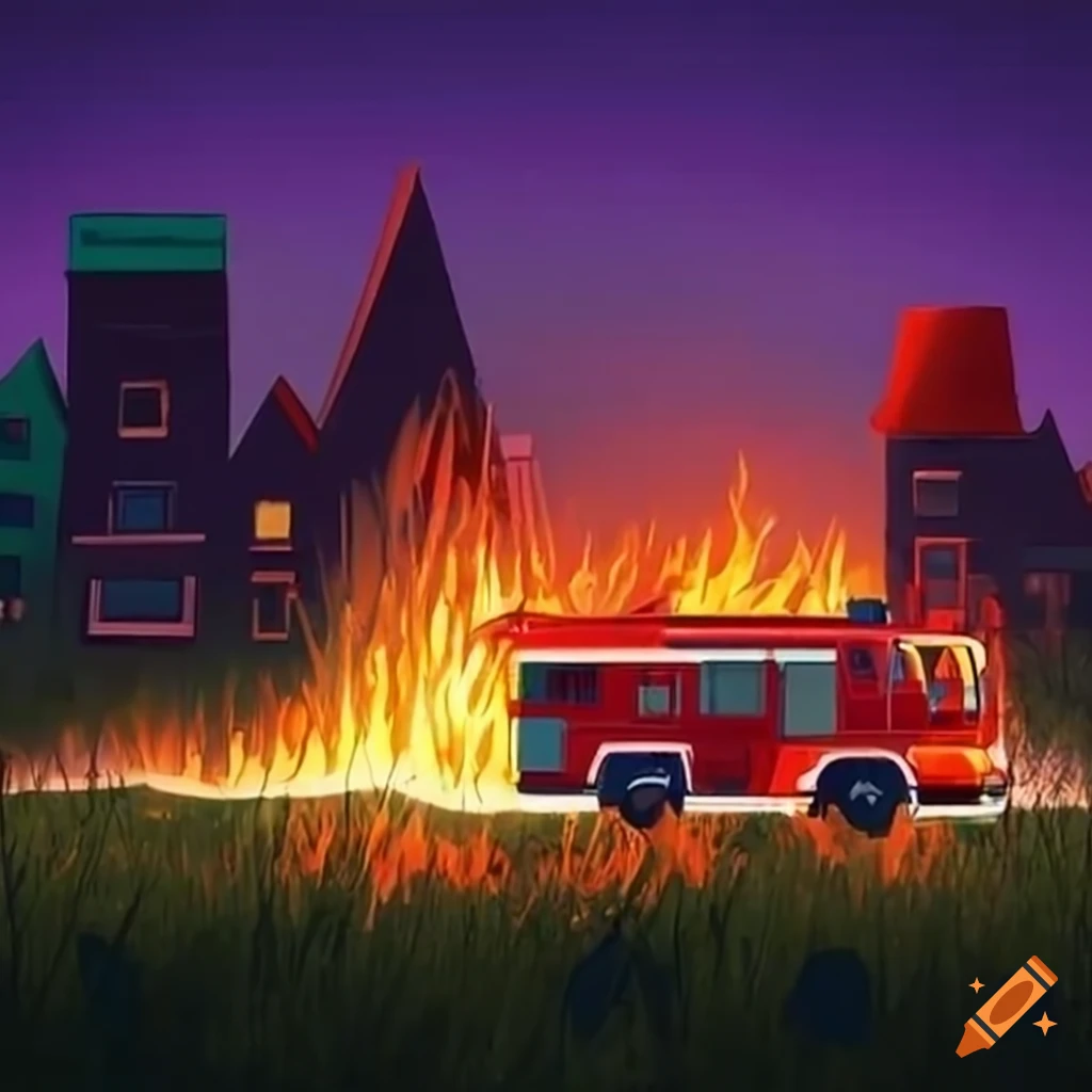Fire truck in the middle of grass fire with houses in the background