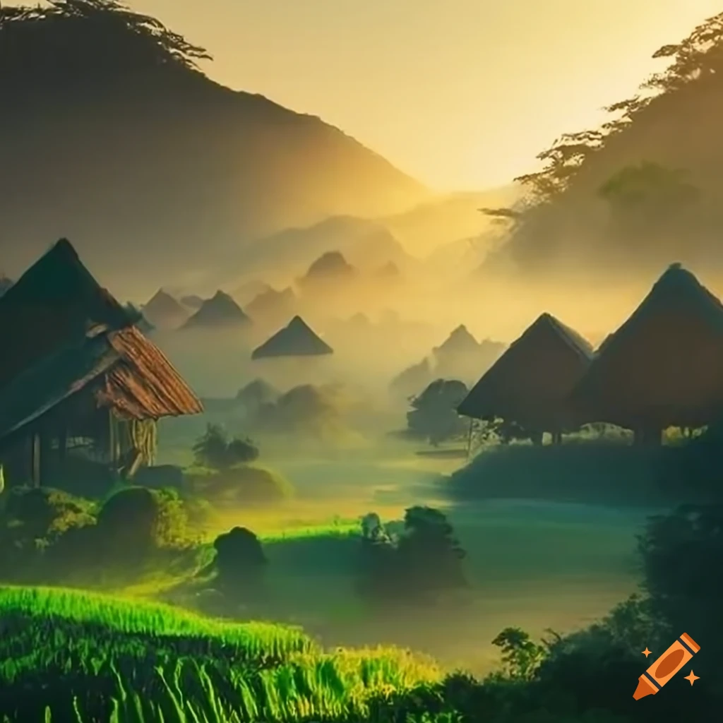 Serene morning in a countryside village with mountains in the background