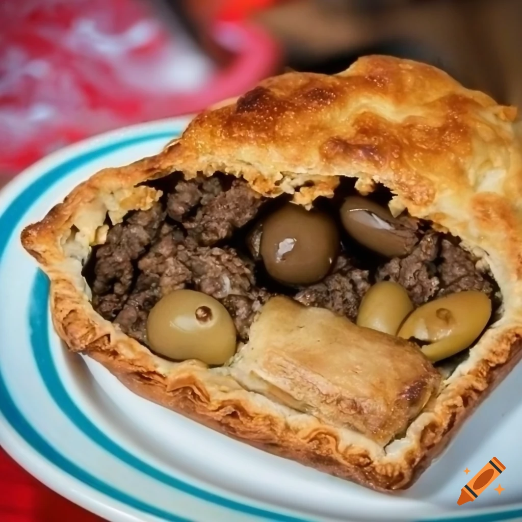 Meat pie with olives, a rectangular fried pastry known as "pastel de feira"