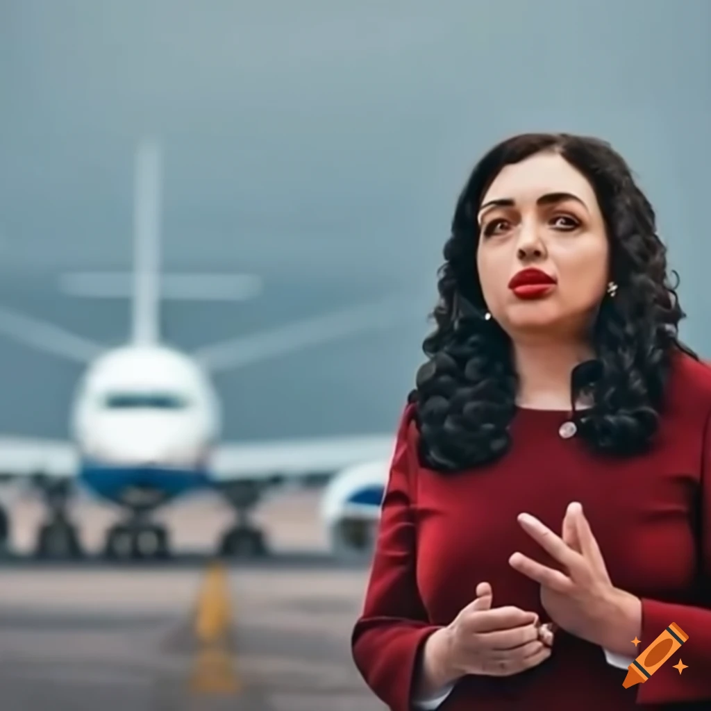 Vjosa Osmani and Albin Kurti in debate in front of an airplane