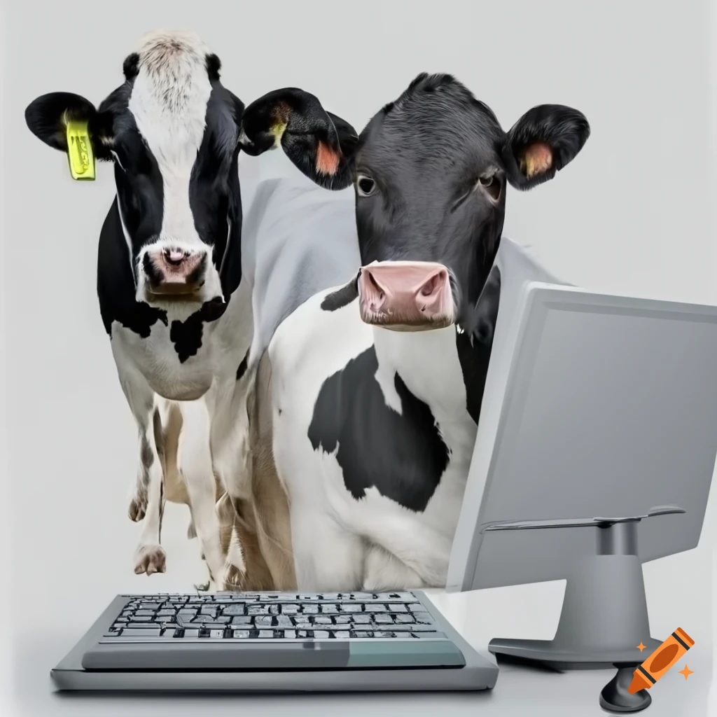 Holstein cow sitting at a computer