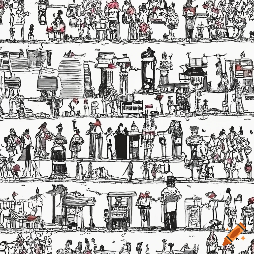 Detailed black and white Where's Waldo style airport illustration with lots of tiny drawings