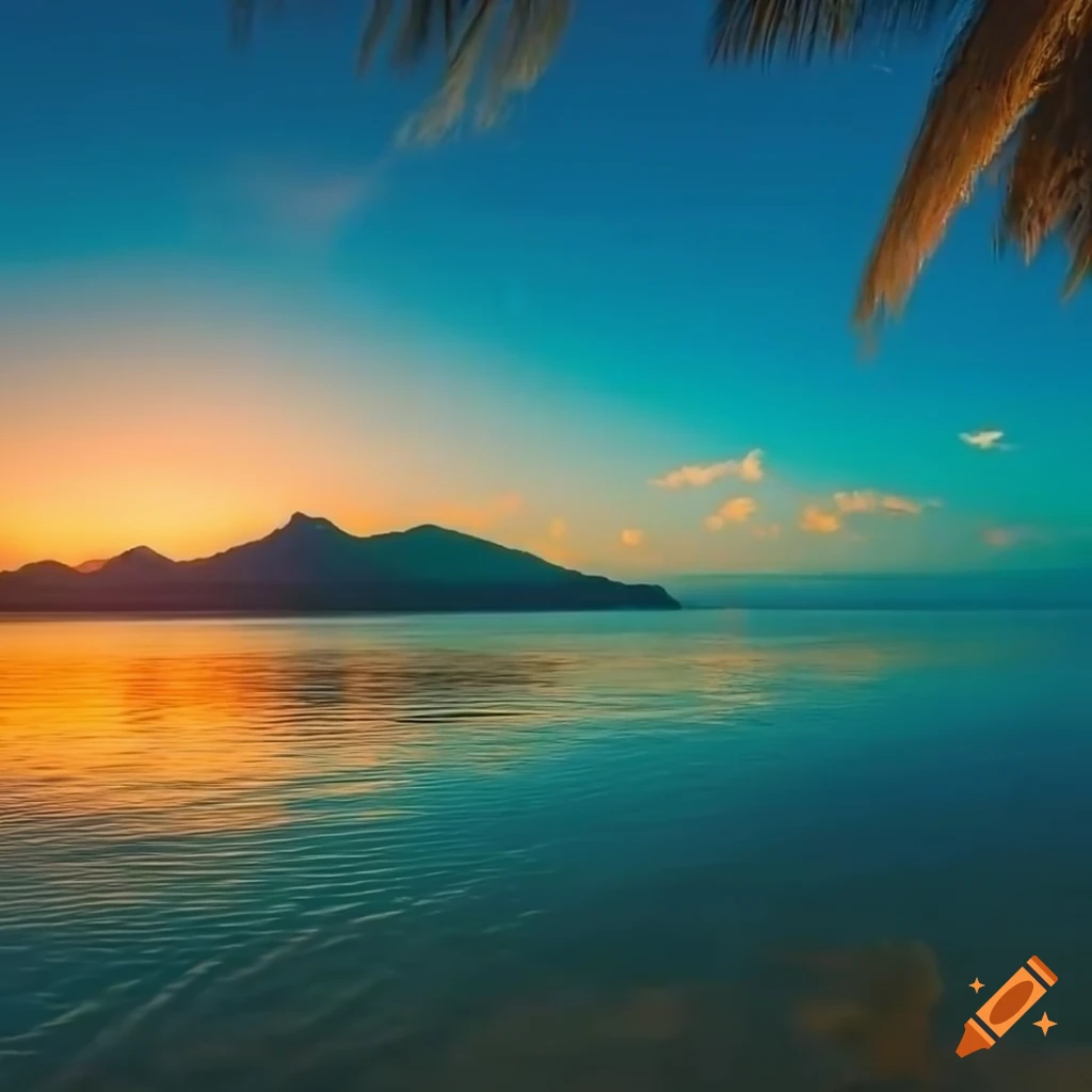 Gorgeous sunset on a remote island with lush greenery and crystal-clear waters