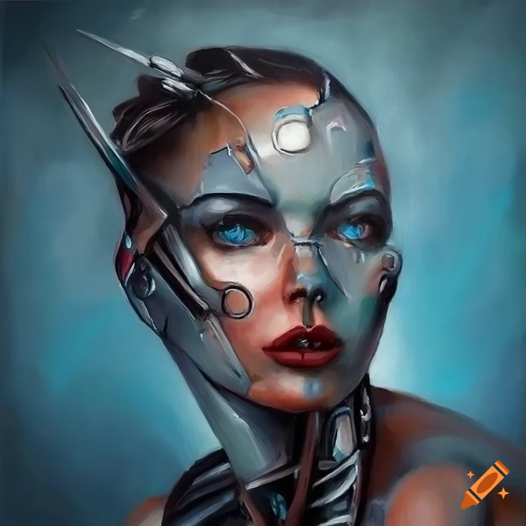Cyborg woman depicted in an oil painting