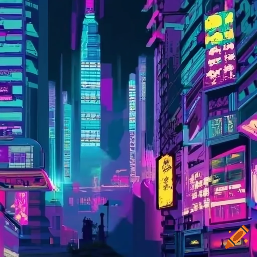 Vibrant cyberpunk cityscape with neon lights and skyscrapers