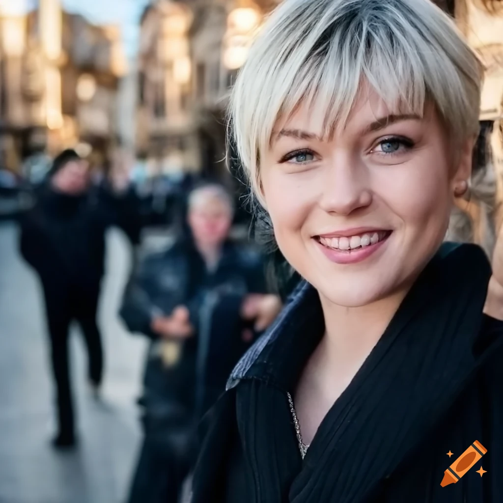 Cute blonde woman with a pixie haircut taking a selfie on the street