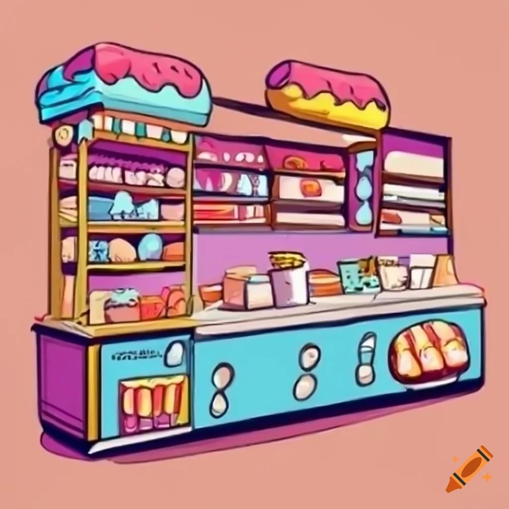 Interior of a candy shop in a detailed comic book style