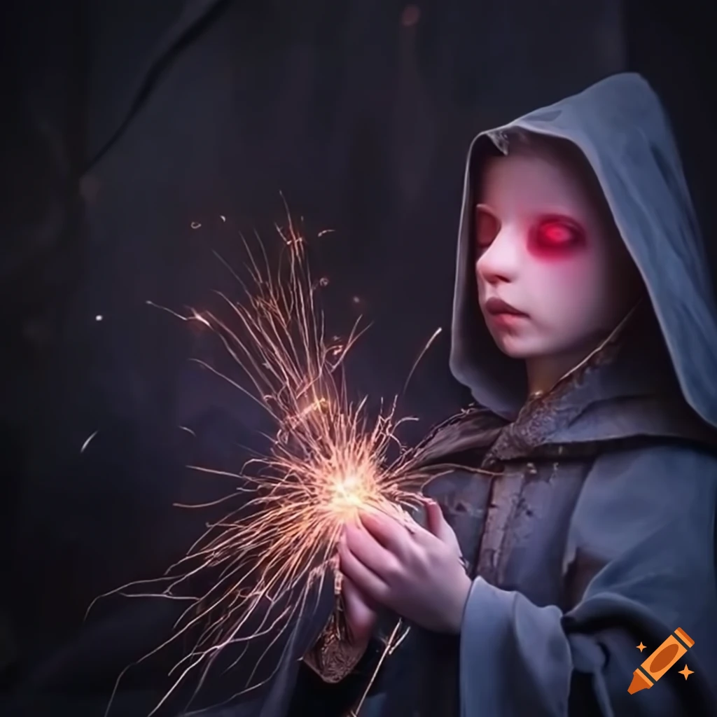 Intriguing young wizard with glowing red eyes conjuring magic with sparks in hands