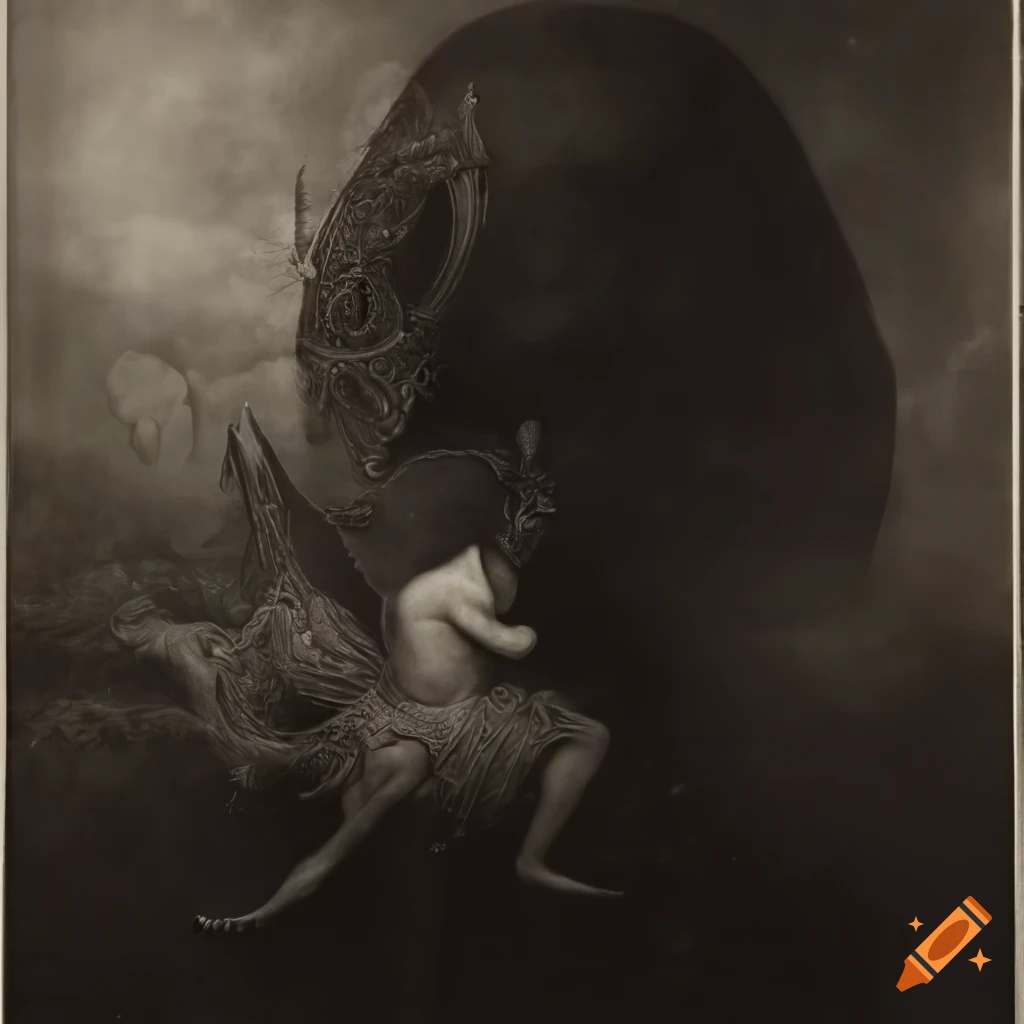 Surreal image of a fairy in front of a futuristic spaceship with a renaissance vibe in black and white