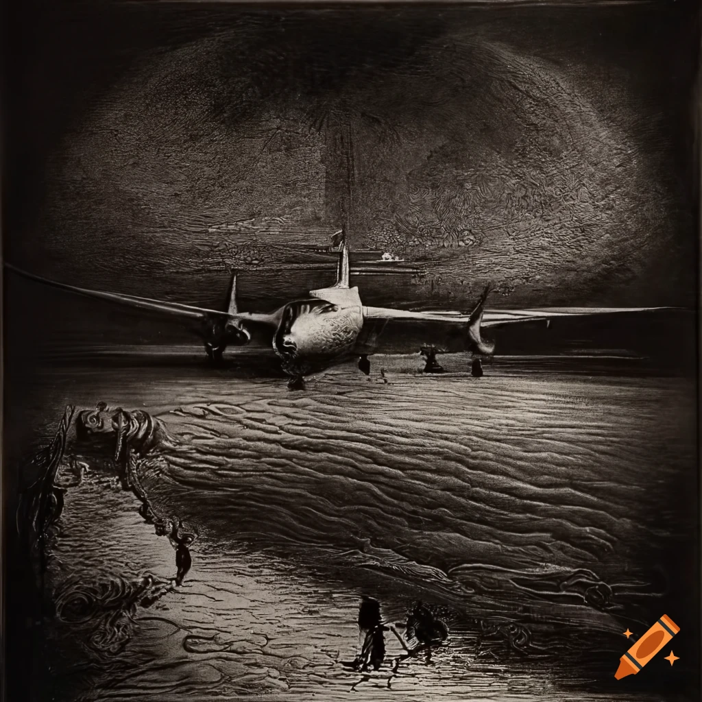 Surreal 23rd century airport Mezzotint with a renaissance vibe in black and white