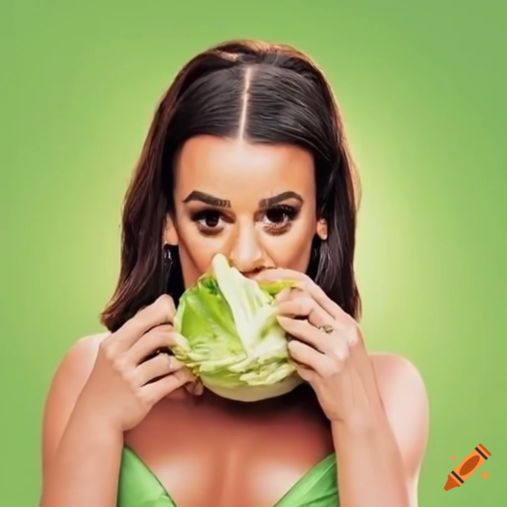 Actress Lea Michele biting into a head of iceberg lettuce