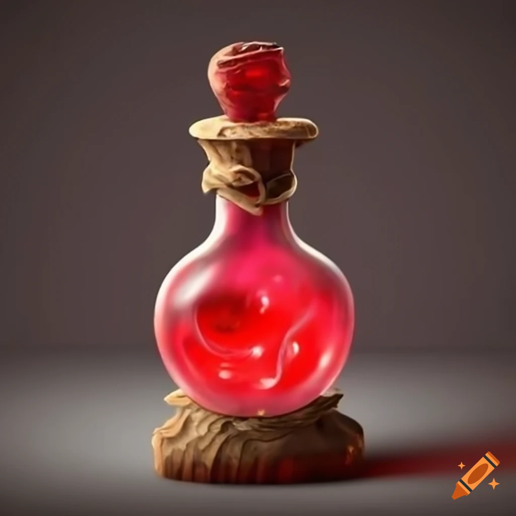 Glowing red fantasy potion on an oaken desk