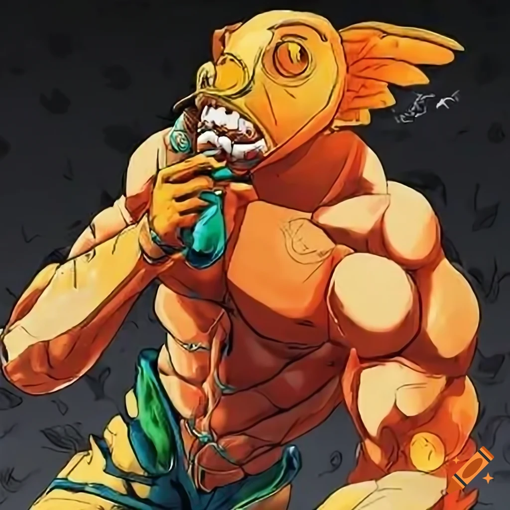 Fishman Muscle Vibrant Orange Fish Man character with muscles holding a fishing pole ...