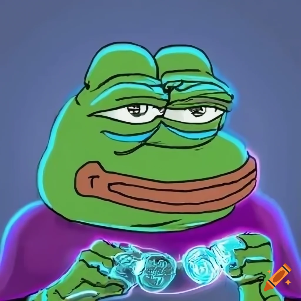 Pepe the Frog with a futuristic digital coin in a high-tech blockchain-themed background