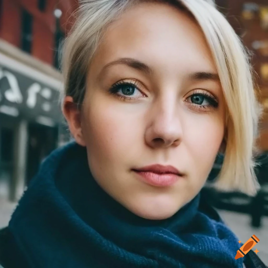 Cute blonde woman with a pixie haircut taking a selfie on the street