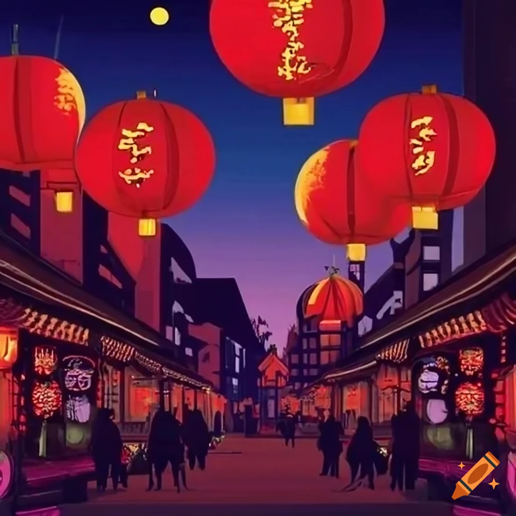 Chinese New Year night scene with vibrant red lanterns and festive crowds