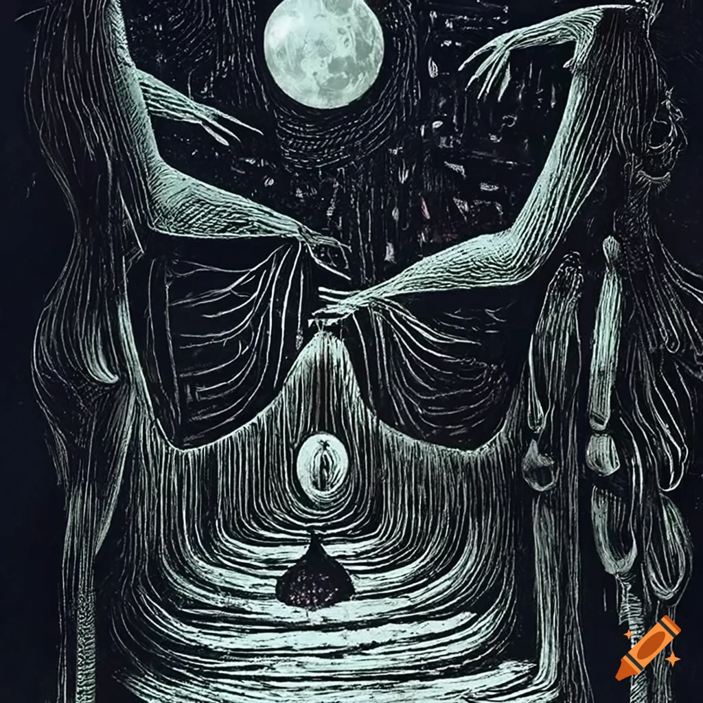 Artistic combination of Max Ernst and Leonora Carrington styles in a Russian woodcut tarot card