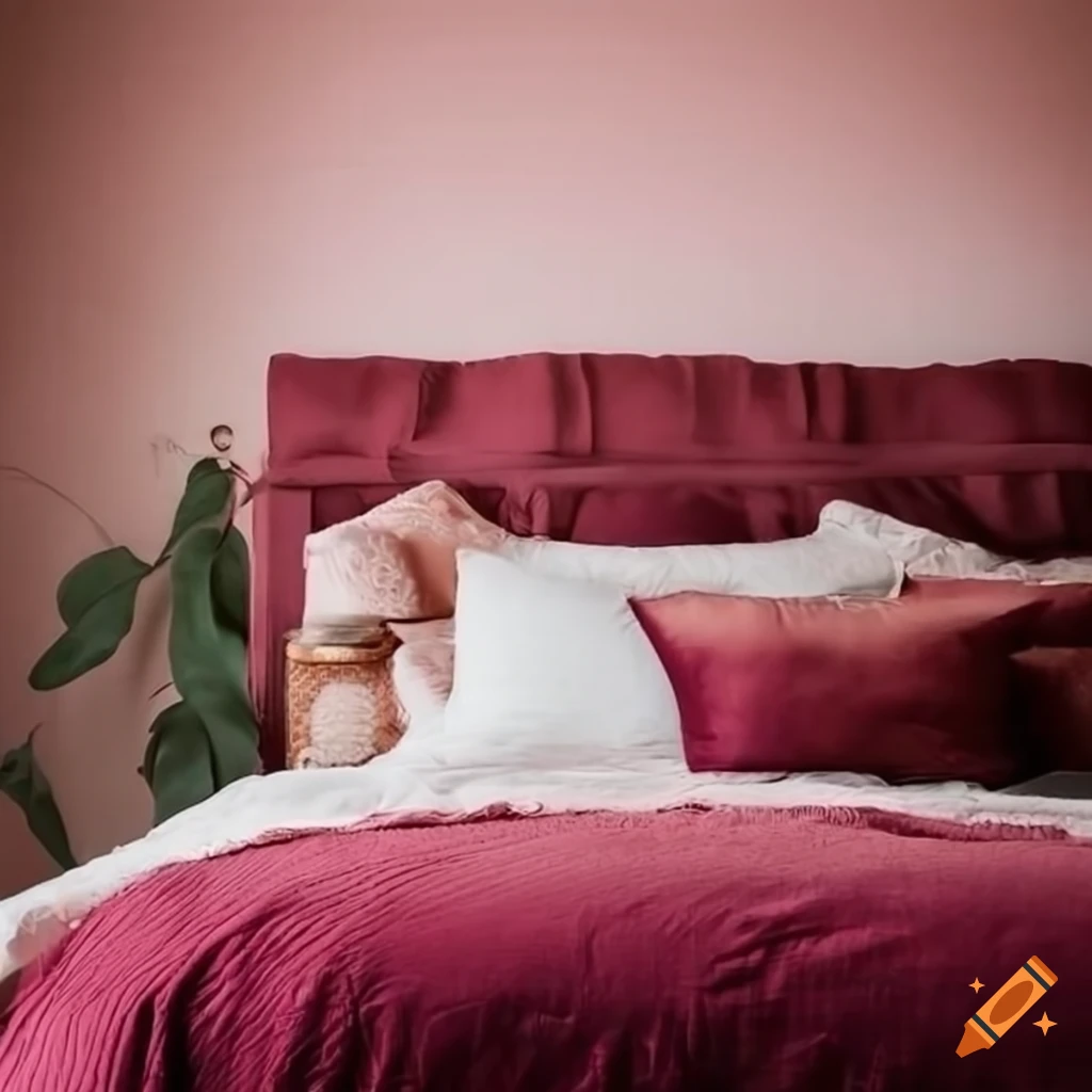 Boho bedroom with burgundy bedding and pale pink decor