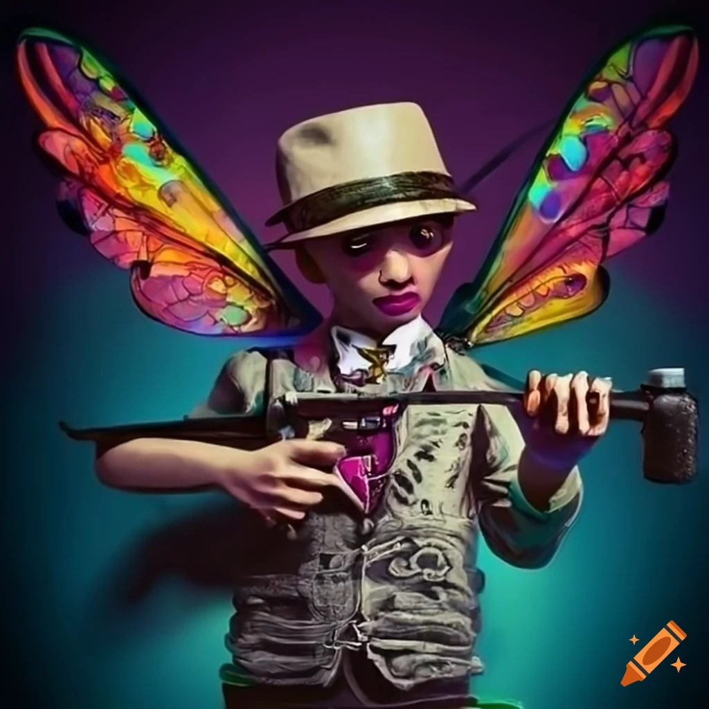 Whimsical gangster with dragonfly wings, smoking a pipe and carrying a toy gun
