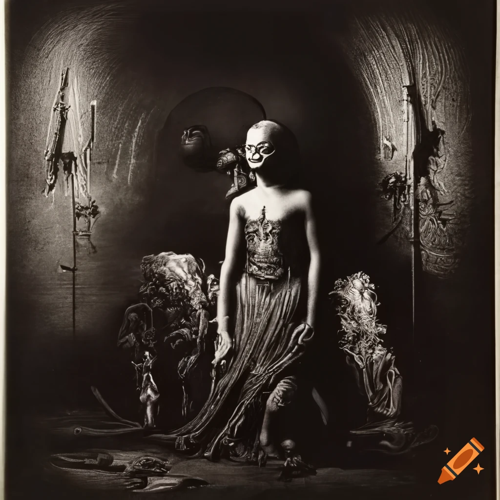 Surreal mezzotint with a 1970s sci-fi fantasy film style featuring influences by Gustave dore, Syd Mead, and H.R. Giger