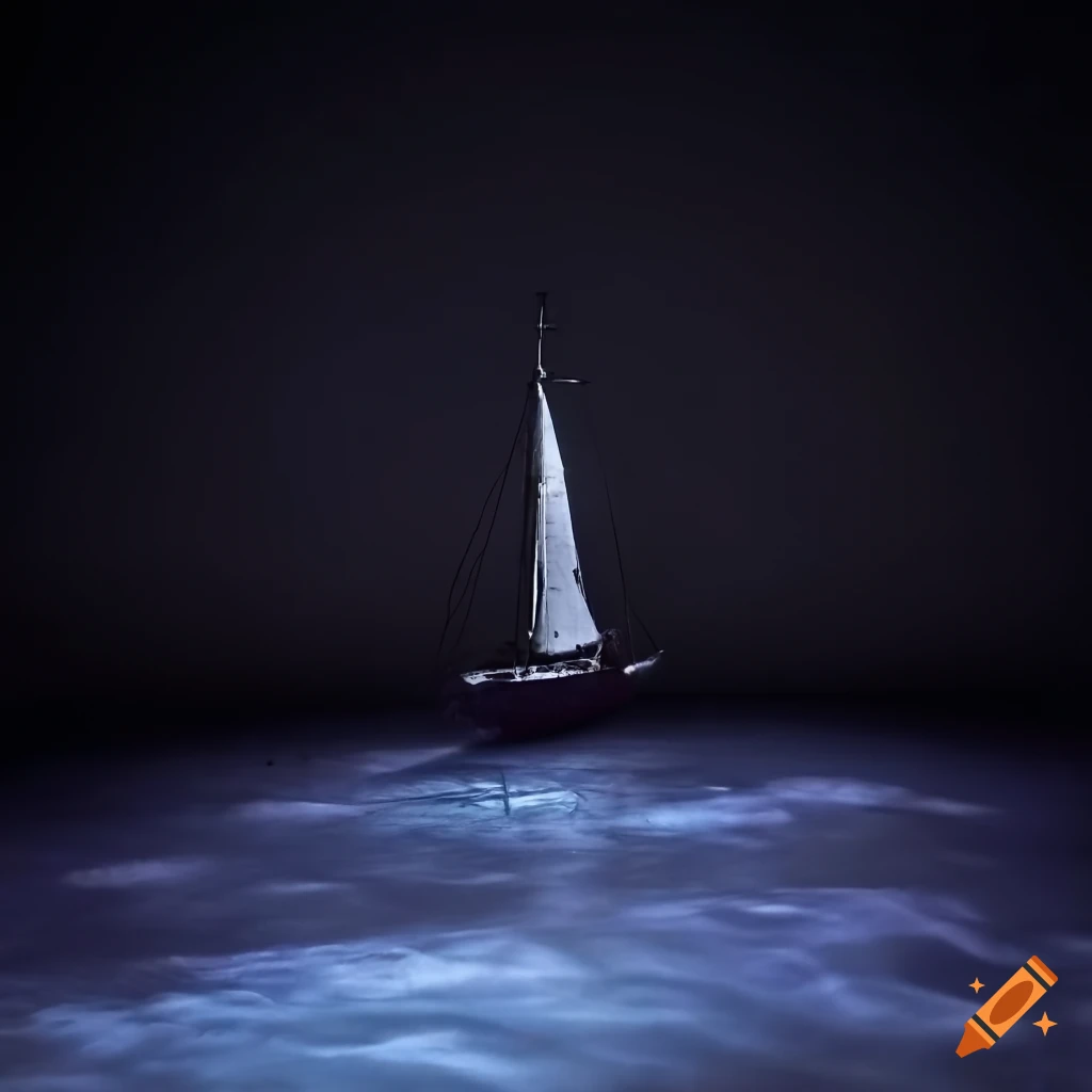 Photorealistic art installation with a shiny silver floor and textile sailing boat