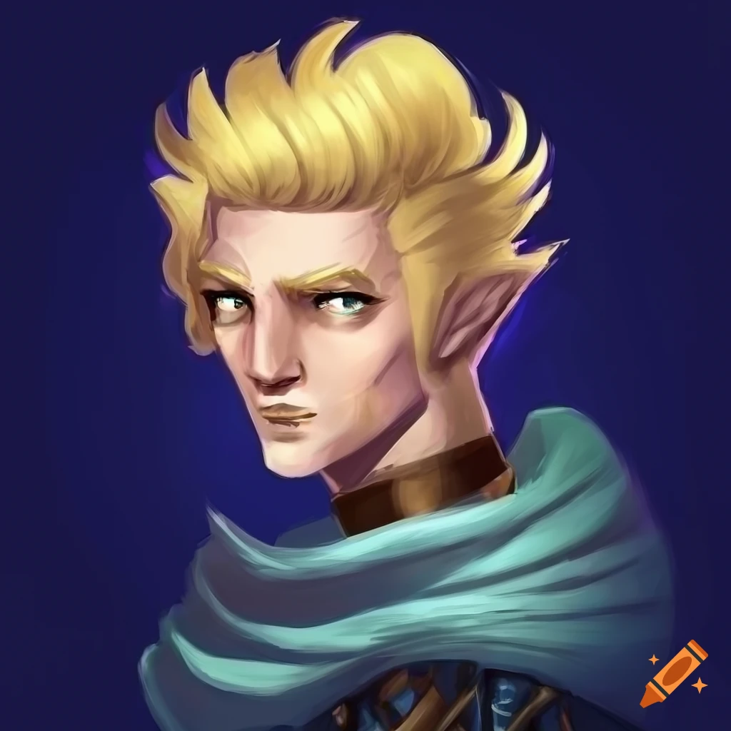 Portrait of a male smug eladrin wizard with spiked blond hair