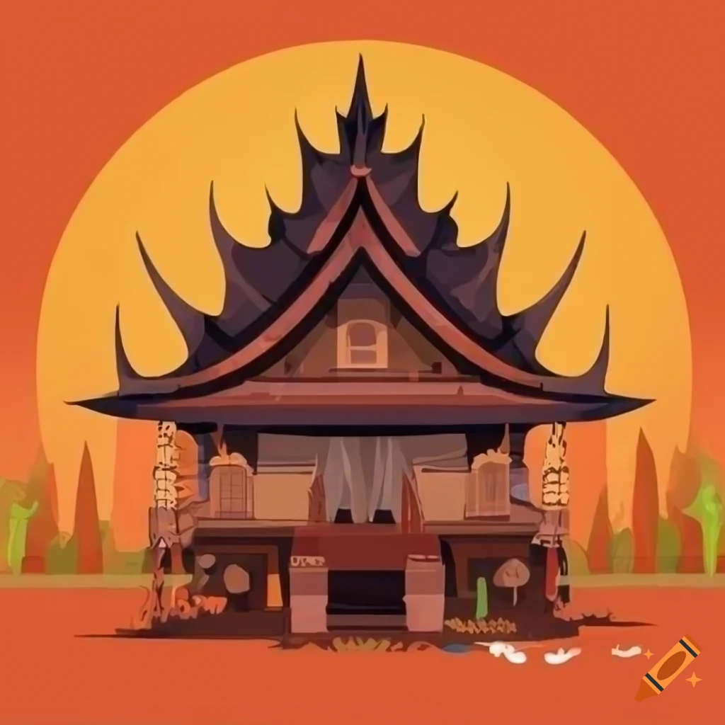 Vector illustration of Papuan culture featuring two characters and a traditional house