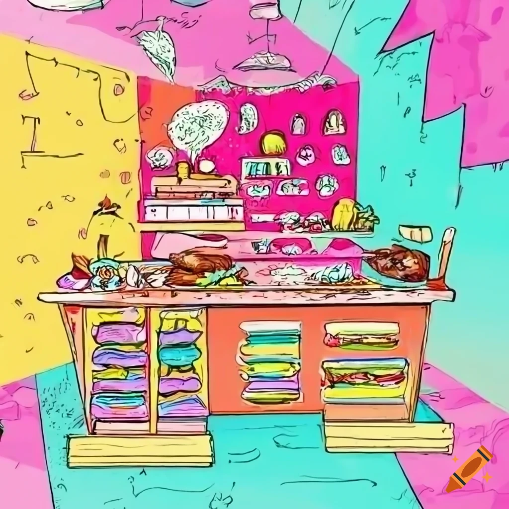 Interior of a candy shop in a detailed comic book style