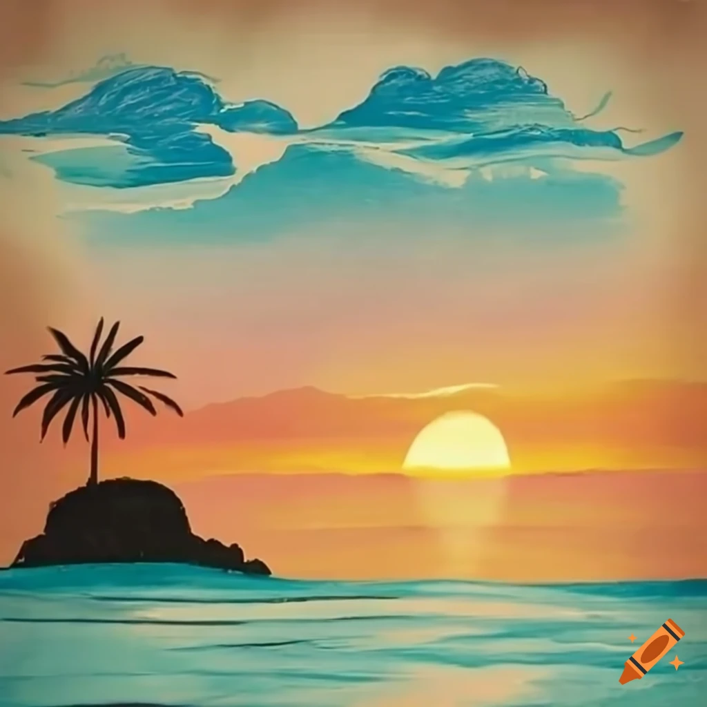 Gorgeous sunset on a remote island with lush greenery and crystal-clear waters