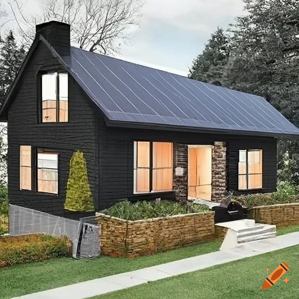 House with black solar panels on white facade