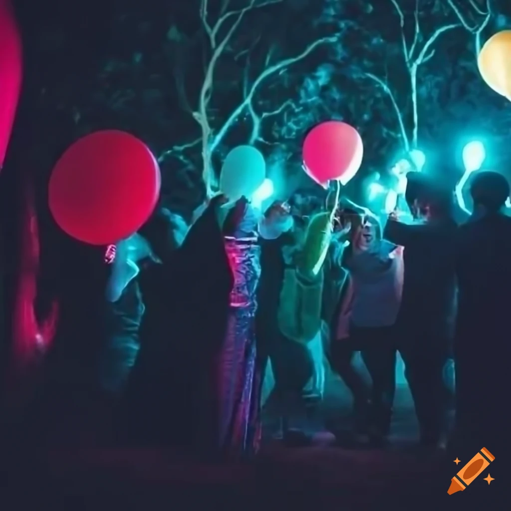 Creepy party in the woods at night with neon lights and balloons